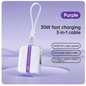 10000mAh Mini Power Bank with 30W Fast Charging 3-in-1 Cable